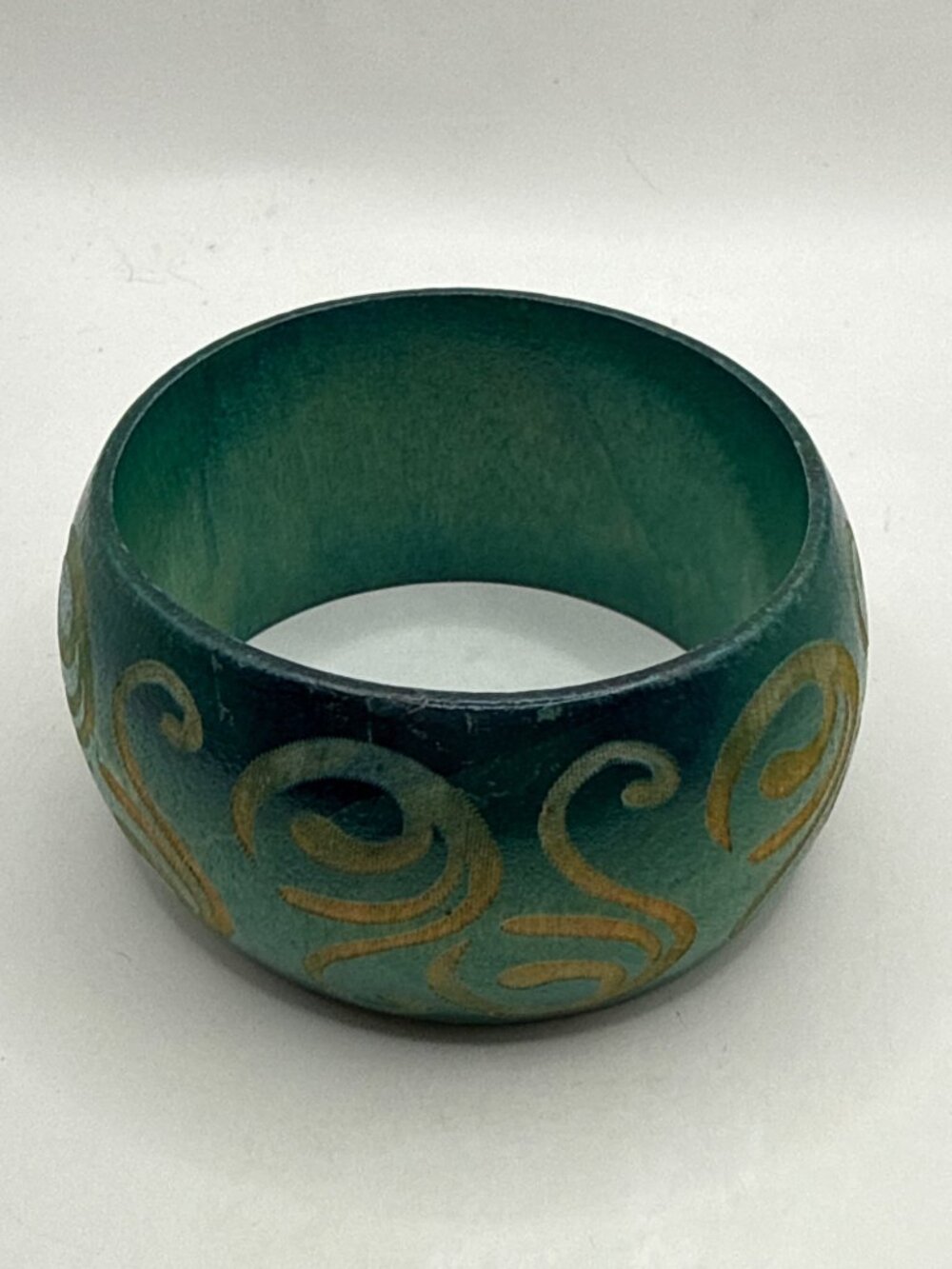 Boho Carved Wood Bangle Green Swirl Statement Bracelet Whimsygoth Fairycore